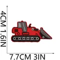 Detailed close-up of a red construction vehicle iron-on embroidered patch showing 7.7x4cm size - Red Bulldozer (W9WJ-085-14)