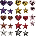 Glittery leopard print heart and star embroidered iron-on patches collection - Leopard Heart and Star Set / Set of 24 Pcs