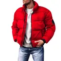 Stijlvolle dikke gewatteerde heren winterjas met opstaande kraag in levendig rood - M / Tops / Rood