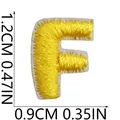 Macro view of mini yellow embroidered letter F patch with size dimensions displayed - Letter F (Yellow)