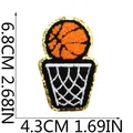 Close-up of basketball embroidery patch with gold sequin border and dimensions - Basketball and Hoop Set (C22LQ-11-03)