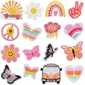 Set of 16 retro colorful embroidery patches featuring butterfly flower and rainbow designs - Retro Cartoon Bus Series (W9HD-157-YT) / 16 Pieces Pack