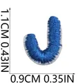 Detailed view of mini blue embroidered letter J patch with size markings in cm and inches - Letter J (Blue)