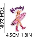 Detail view of pink surfing girl embroidered patch showing dimensions 7x4.5cm and fine texture. - Purple Howdy Girl (C20HG-08-05)