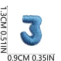 Macro detail view of mini blue embroidered number 3 patch with clear size measurements - Number 3