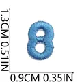 Detailed view of a mini blue embroidered number 8 patch showing size 1.3cm by 0.9cm - Number 8