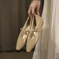 Elegant beige patent leather Mary Jane flats with vintage buckle strap detail - 38 / Wide Fit / Khaki