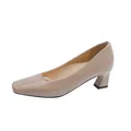 Detailed side view of beige patent leather square toe pumps with stable block heels - 38 / Patent Style / Nude Gray