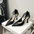 Elegant black patent leather pointed toe pumps with ankle strap and cutout design - 32 / 6.5cm Stiletto Heel / Black