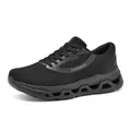 Detailed view of men's black breathable mesh running shoe with hollow sole design - 40 / Black