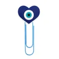 Heart-shaped blue evil eye charm on a light blue metal paperclip bookmark - 16