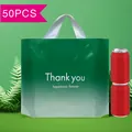 Großpackung mit 50 grünen Plastikgeschenktüten mit Griffen und Thank You Schriftzug - Verlauf Grün / Klein 14 Seide 30*25 Boden 6CM (10er Pack)