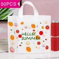 50er Pack weiße Kunststoff-Einkaufstaschen mit Hello Summer Zitrusmotiven und Henkeln - Orangenmuster / Klein 14 Seide 30*25 Boden 6CM (10er Pack)