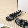 Polka dot mesh square toe ballet flats with elegant bow and cross straps - 36 / Black