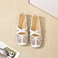 Elegant French square toe ballet flats featuring white mesh with black polka dots - 36 / Off White
