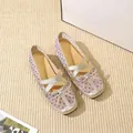 Elegant champagne gold square toe ballet flats featuring purple polka dot mesh and bow detail - 36 / Champagne