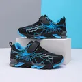 Boys' breathable black and blue lightning pattern mesh running shoes with hook and loop - 28 / Black Moon Cyan