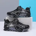 Breathable black fly-woven kids running shoes with stylish silver lightning pattern - 28 / Black and Gray