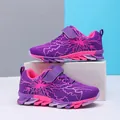 Purple and pink breathable mesh kids running shoes with lightning pattern and Velcro strap - 28 / Purple Fuchsia