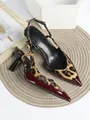 Macro view of leopard print and burgundy patent leather pointed toe slingback heels - 35 / Wine Red + Leopard Print