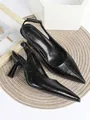 Close-up detail of black crinkled leather pointed-toe slingback high heel pumps - 34 / Black