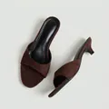 Macro view showing the elegant dark brown suede texture and kitten heel of this mule - 33 / Suede Brown