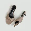 French style beige suede kitten heel mules with elegant open toe design for women - 33 / Suede Sand