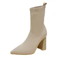 Elegant beige knitted sock boots with pointed toe and chunky high heel for women - 35 / Apricot