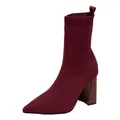 Elegant wine red pointed toe knitted sock boots with stable chunky high heels for women - 35 / Burgundy