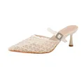 Elegant cream mesh pointed-toe mules with rhinestone buckle and kitten heels - 35 / Off White