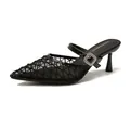 Elegant black mesh pointed toe high heel mules featuring a sparkling rhinestone buckle - 35 / Black