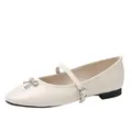 Elegant beige Mary Jane flats with metallic bow detail and adjustable buckle strap. - 35 / Flat Mary Jane Shoes / Off White