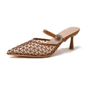 Elegant retro brown mesh pointed toe mules with sparkling rhinestone buckle stiletto heel - 35 / Brown