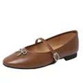 Elegant brown Mary Jane flats featuring a silver bow accent and adjustable strap - 35 / Flat Mary Jane Shoes / Brown