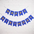 Detailed view of blue fishtail birthday banner with gold 'Happy Birthday' letters - Swallowtail Banner / Dark Blue