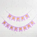 Close-up detail of the purple swallowtail birthday banner with elegant gold foil letters. - Pennant Style / Purple
