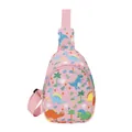 Cute pink children's sling bag featuring a colorful cartoon dinosaur print pattern - Pink