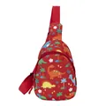 Vibrant red children's chest bag featuring cute cartoon dinosaur prints and adjustable strap - Red