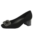Elegant black suede chunky heel pumps with square toe and rhinestone buckle detail - 34 / Black