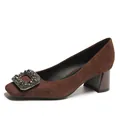 Elegant brown suede block heel pump featuring a square rhinestone buckle for women - 34 / Coffee