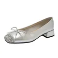 Elegantes zapatos Mary Jane plateados de punta cuadrada con punta de purpurina y lazo. - 35 / Plateado