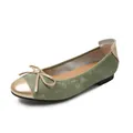 Elegant sage green velvet ballet flat shoes with metallic gold bow and toe cap detail - 35 / Green