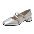 Elegant silver square toe Mary Jane shoes with double straps and low chunky heels. - 35 / Silver