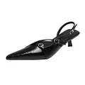 Elegant black pointed-toe slingback kitten heels with buckle straps and crinkled texture. - 40 / Black