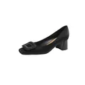 Elegant black satin block heel pumps featuring a square toe and decorative buckle - 35 / Black
