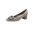 Elegant silver satin block heel pumps featuring a classic square buckle and square toe. - 35 / Gray