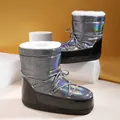 Metallic silver holographic moon boots with black patent leather trim and warm white faux fur - 37/38 / S-04 Holographic Black Grid