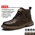Brown high-top safety work shoe with slip-resistant rubber sole - 37 / Dark Brown