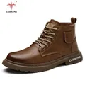Durable brown leather high-top safety work boots featuring a non-slip rubber sole - 38 / Tan