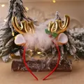 Detail view of festive Christmas headband with metallic gold reindeer antlers and fur. - Small Gold Cartoon Headband